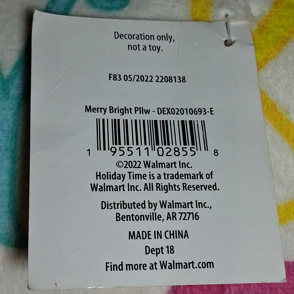 Holiday Time Merry Bright Christmas Lumbar Pillow Pink Pom Pom Trim 16x9